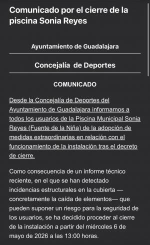 Comunicado piscina Sonia Reyes