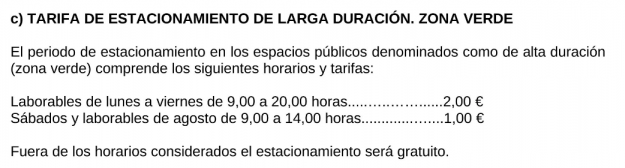 tarifas zona verde