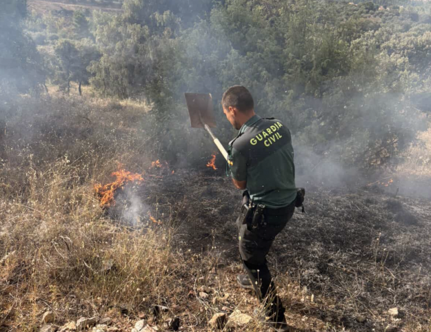 guardia civil apagando un foco que se reactiva en incendio La Mierla