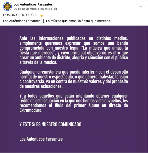 comunicado autenticos farsantes